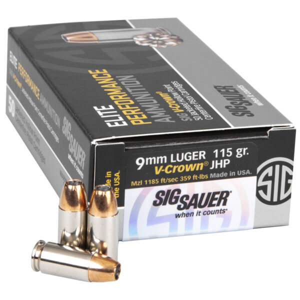 SIG SAUER 9MM 115 GRAIN ELITE PERFORMANCE V-CROWN JACKETED HOLLOW POINT 50 ROUND BOX