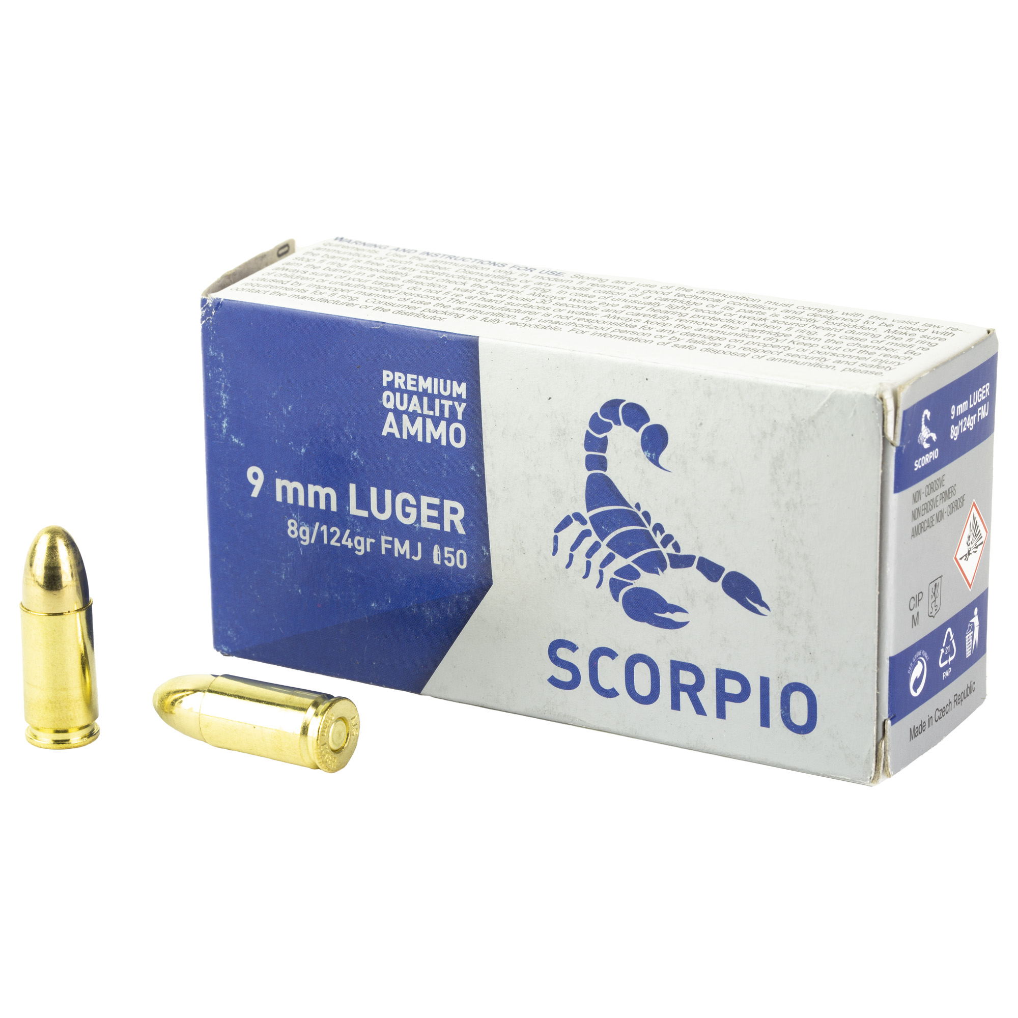 STV TECHNOLOGY SCORPIO AMMUNITION 9MM 124 GRAIN FMJ 50 ROUND BOX-1000 ROUND CASE