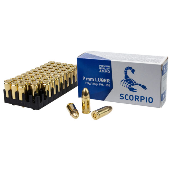 STV TECHNOLOGY SCORPIO AMMO 9MM 115 GRAIN FULL METAL JACKET 50 ROUND BOX