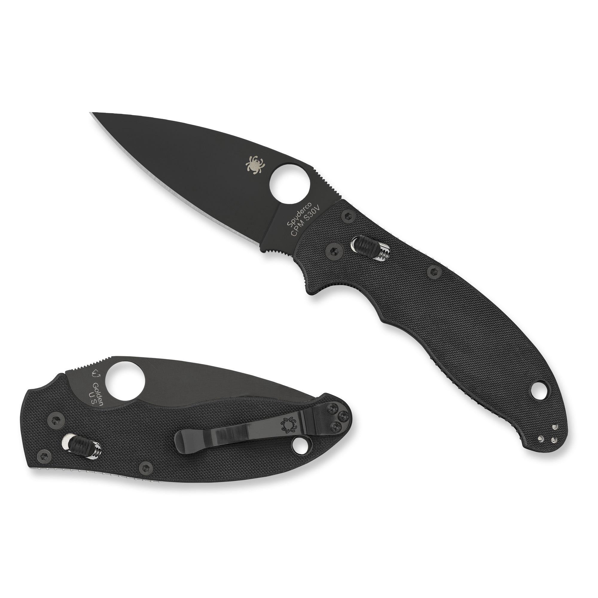 SPYDERCO MANIX 2 FOLDING KNIFE 3.375" PLAIN EDGE BLACK BLADE WITH CPM-S30V HANDLE