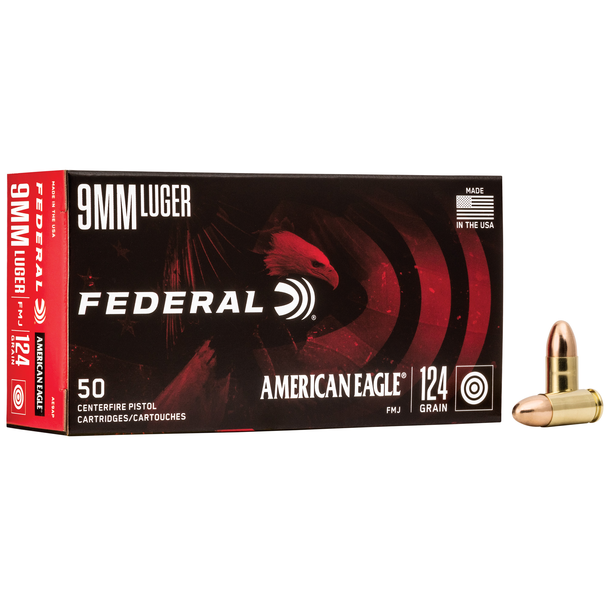 FEDERAL AMERICAN EAGLE 9MM 124 GRAIN FMJ 50 ROUND BOX