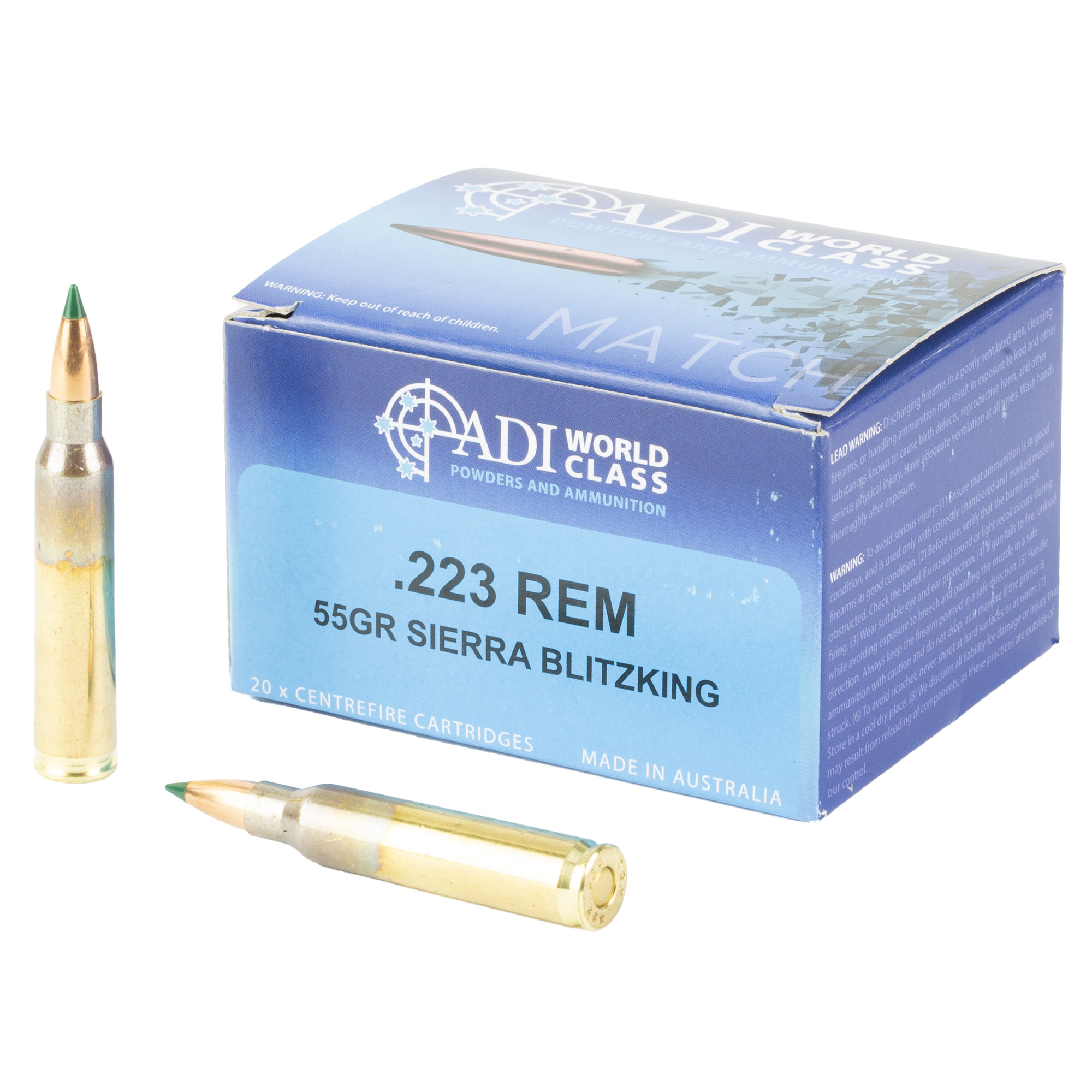 ADI AMMUNITION 223 REMINGTON 55 GRAIN MATCH SIERRA BLITZ KING 20 ROUND BOX