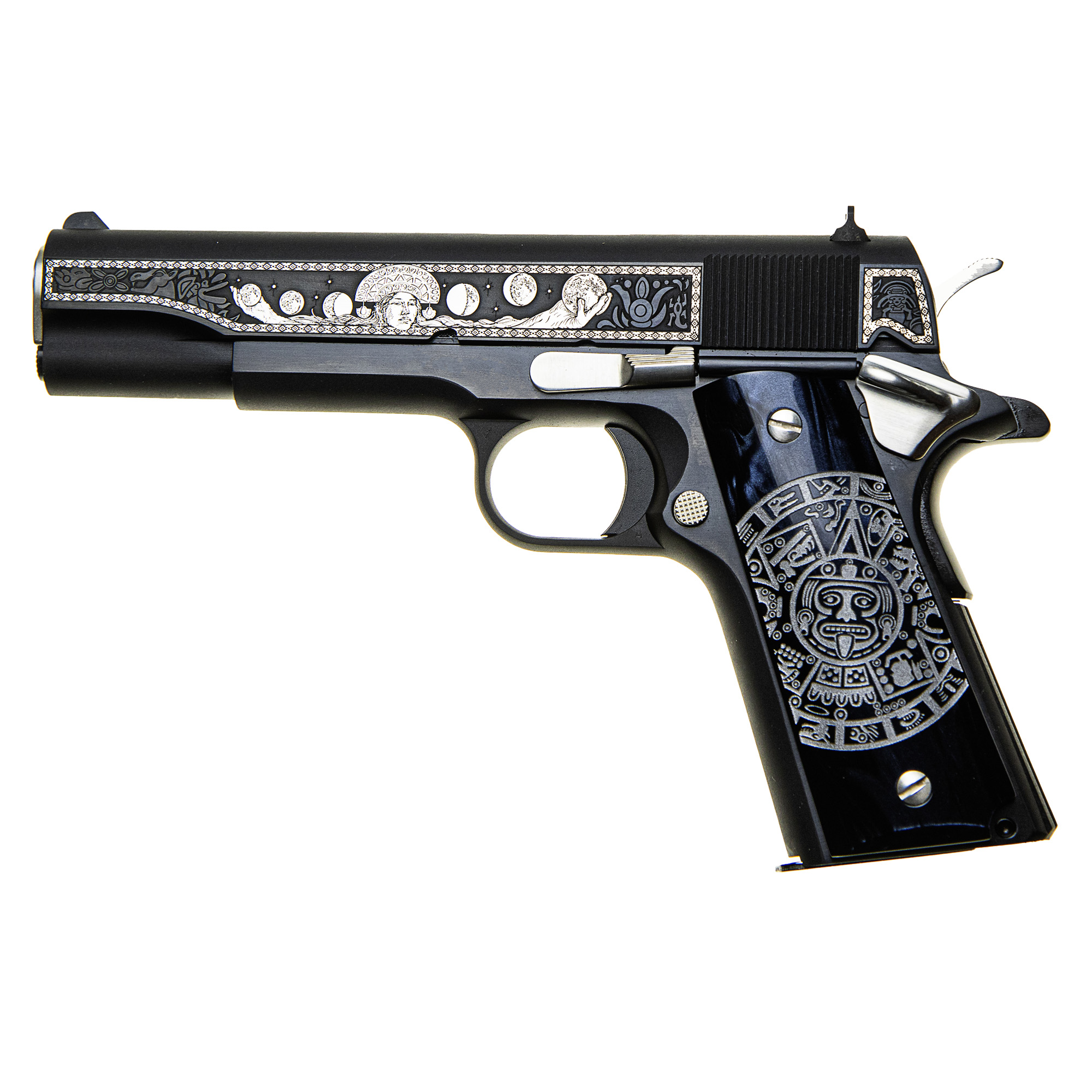 Colt's 1911 Classic Mama Quilla Moon Goddess TALO Semi-automatic Full Size 38 Super 5" Barrel Solar Flair Kirinite Grips with Incan Sun Dial Engraving 9 Rounds 1 Magazine