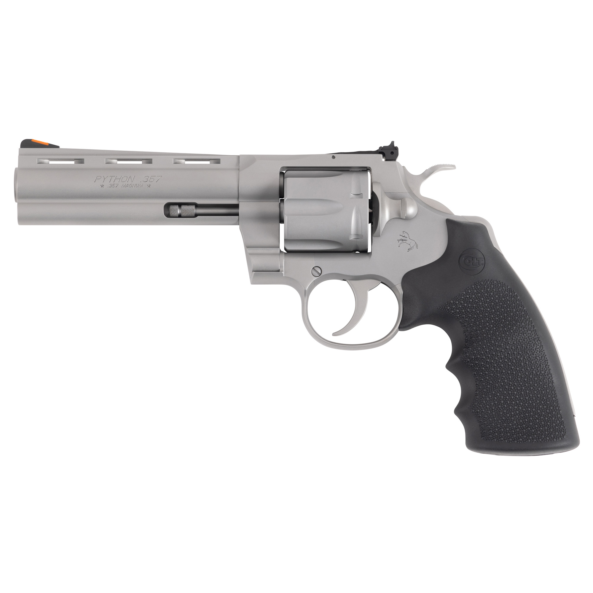 Colt Python Revolver 357 Magnum 5" Barrel Matte Stainless Steel Finish Hogue Rubber Grip Adjustable Rear Sight Red Ramp Front Sight 6 Rounds