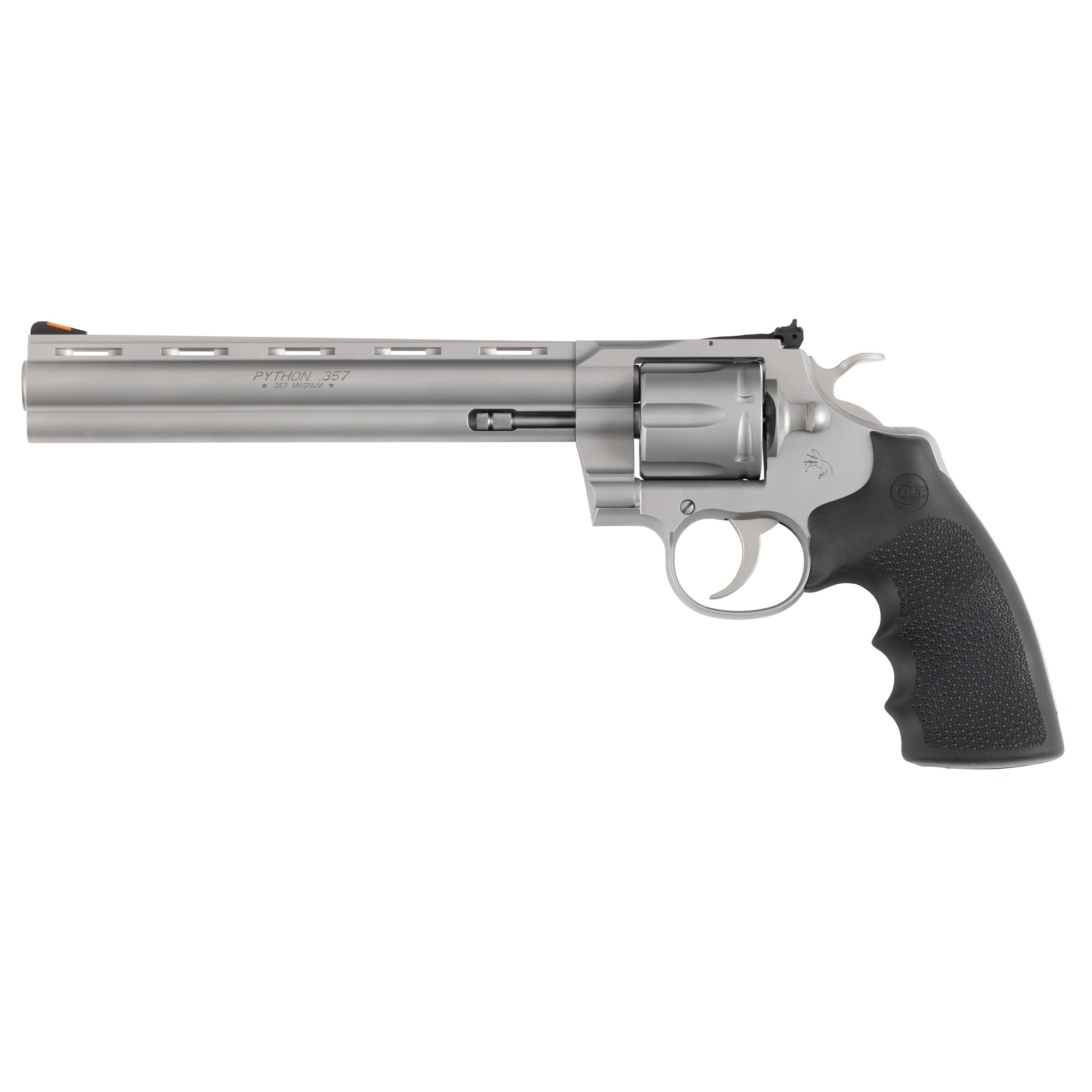 Colt Python Revolver Double/Single Action 357 Magnum 8" Barrel Matte Stainless Steel Finish Hogue Rubber Grip Adjustable Rear Sight Red Ramp Front Sight 6 Rounds