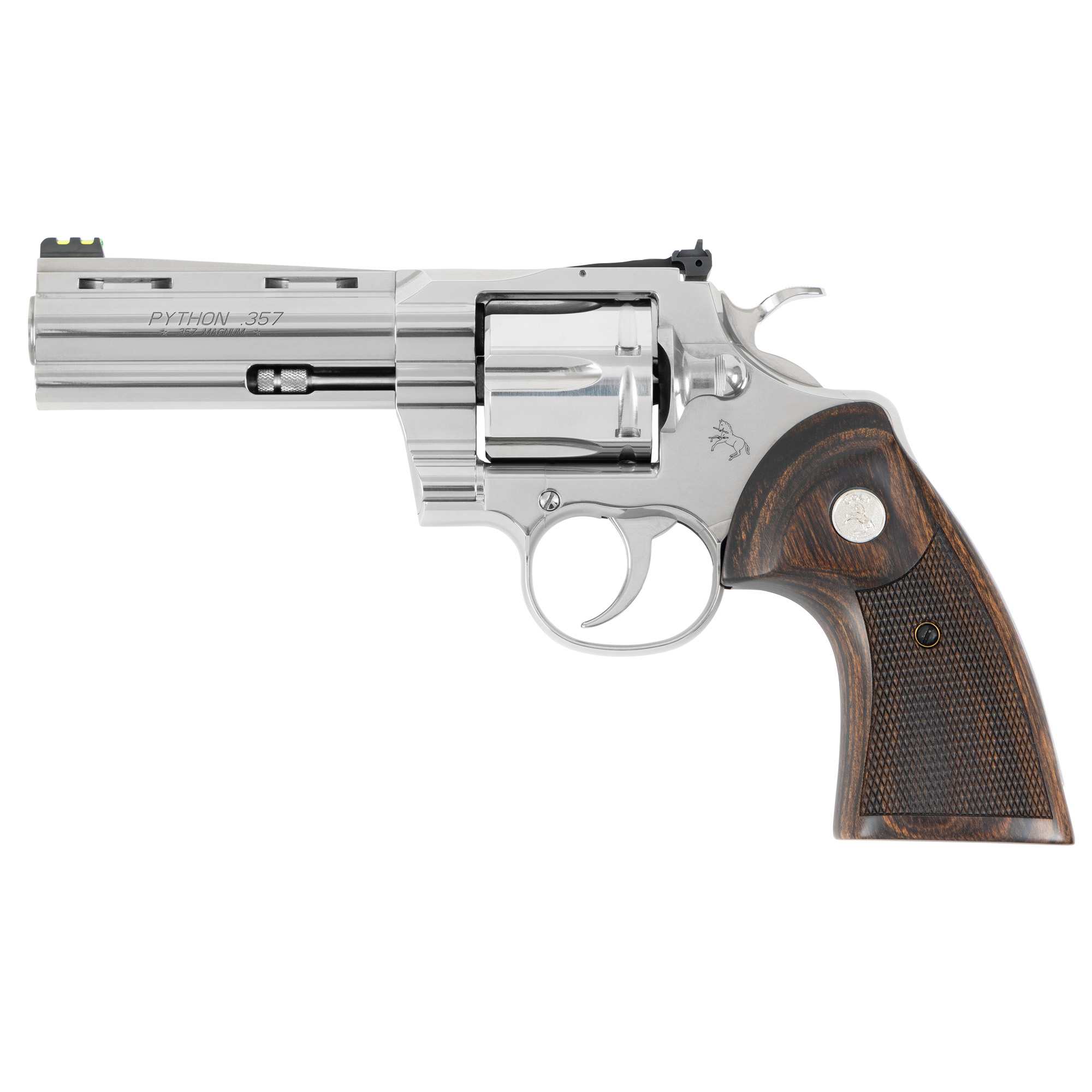 Colt Python Target Revolver 357 Magnum 4.25" Barrel Stainless Steel Finish Walnut Medallion Grip Adjustable Rear Sight Green Fiber Optic Front Sight 6 Rounds