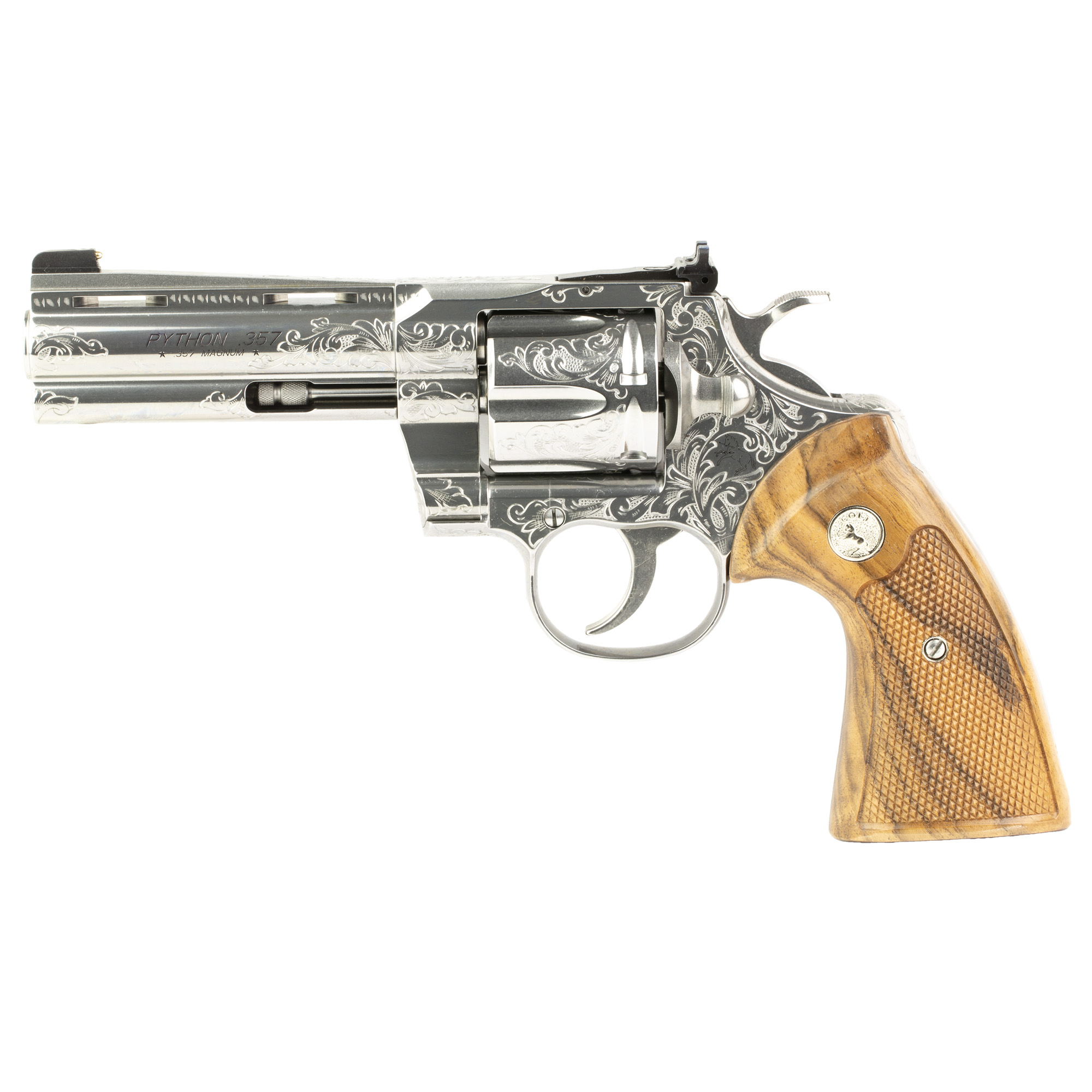 Colt Python Revolver Double/Single Action 357 Magnum 4.25" Silver Fancy Turkish Walnut Target Style Grips 6 Rounds 1:14 C Coverage Expert Level Engraving by John Adams Jr. Harrison
