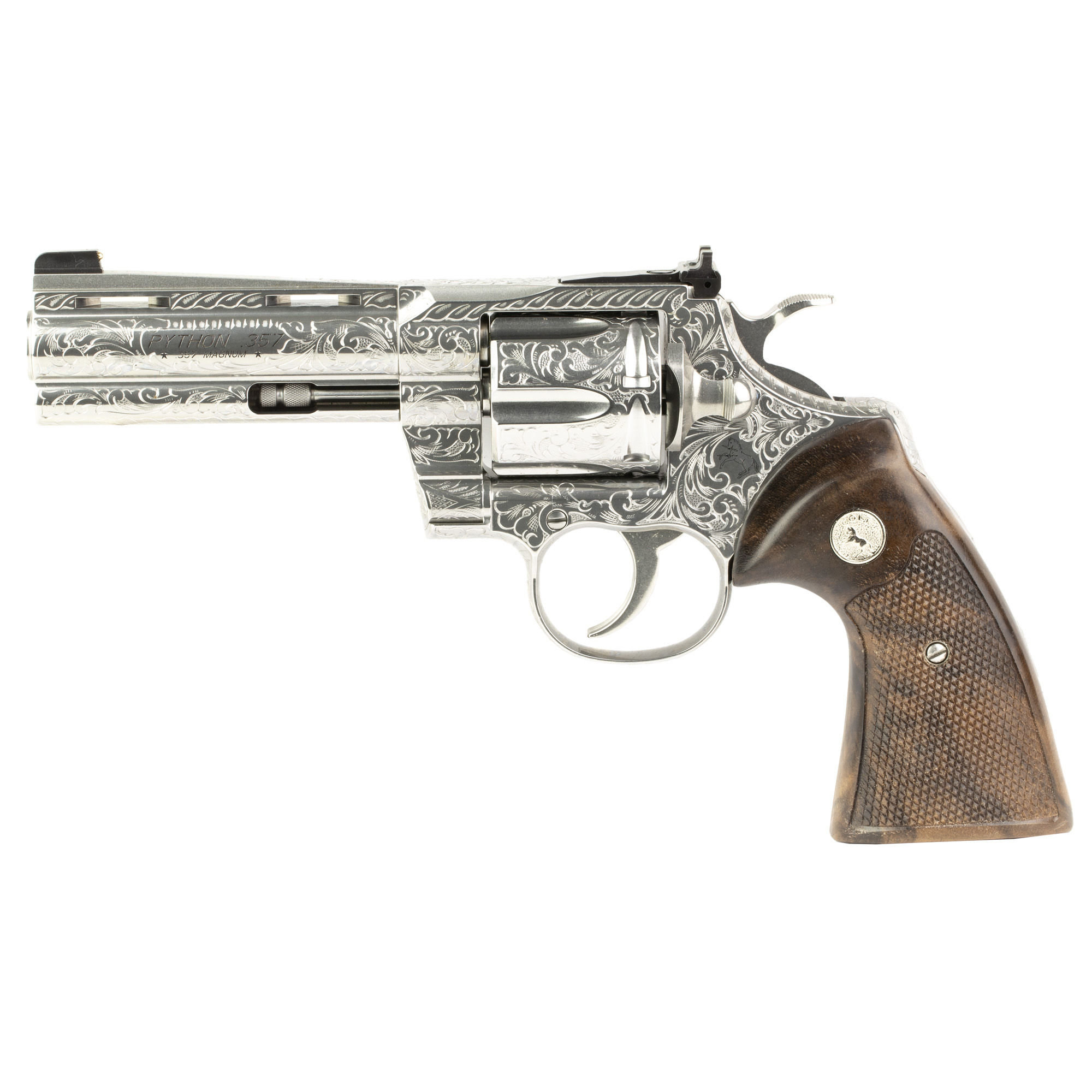 Colt Python Revolver Double/Single Action 357 Magnum 4.25" Silver Fancy Turkish Walnut Target Style Grips 6 Rounds 1:14 D Coverage Expert Level Engraving by John Adams Jr. Harrison