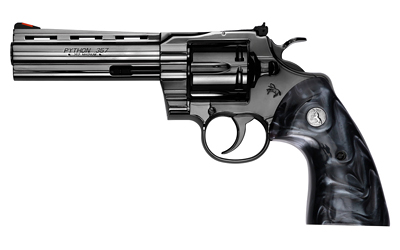 Colt Python Revolver Double/Single Action 357 Magnum 5" Black Chrome Finish Black Pearlite Grips With Gold Colt Emblem 6 Rounds 1:14 Stainless Steel Blade With Certificate Of Authenticity