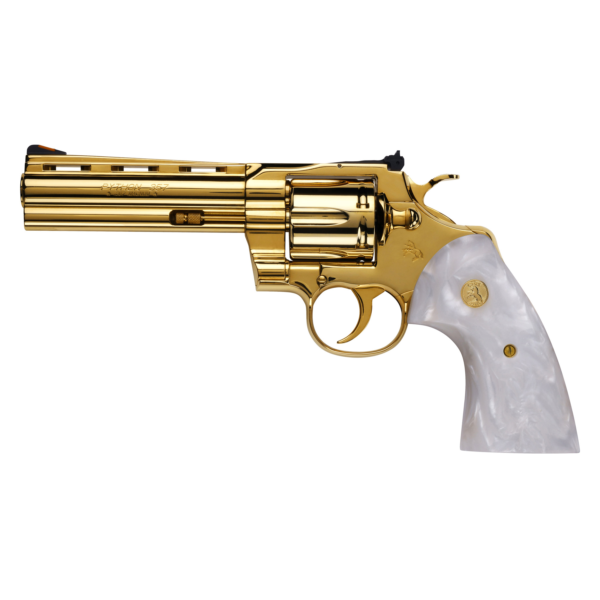 Colt Python Revolver Double/Single Action 357 Magnum 5" 24K Gold Frame 24K Gold Parts Pearlite Creme Grips With Gold Colt Emblem 6 Rounds