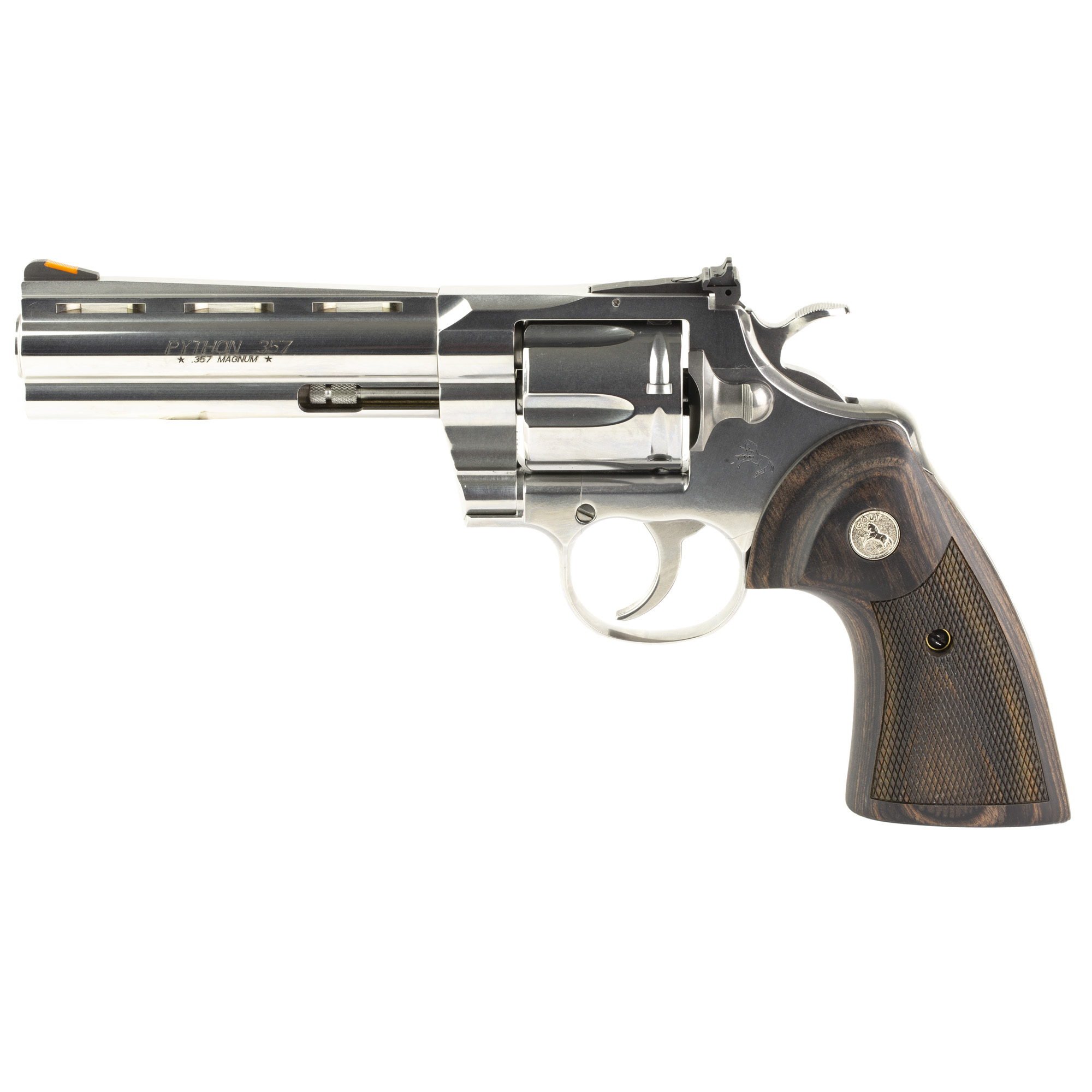 Colt Python Revolver Double/Single Action 357 Magnum 5" Silver Wood 6 Rounds 1:14 Colt Python 5" Stainless Steel Blade Front/Adjustable Rear Stainless Steel