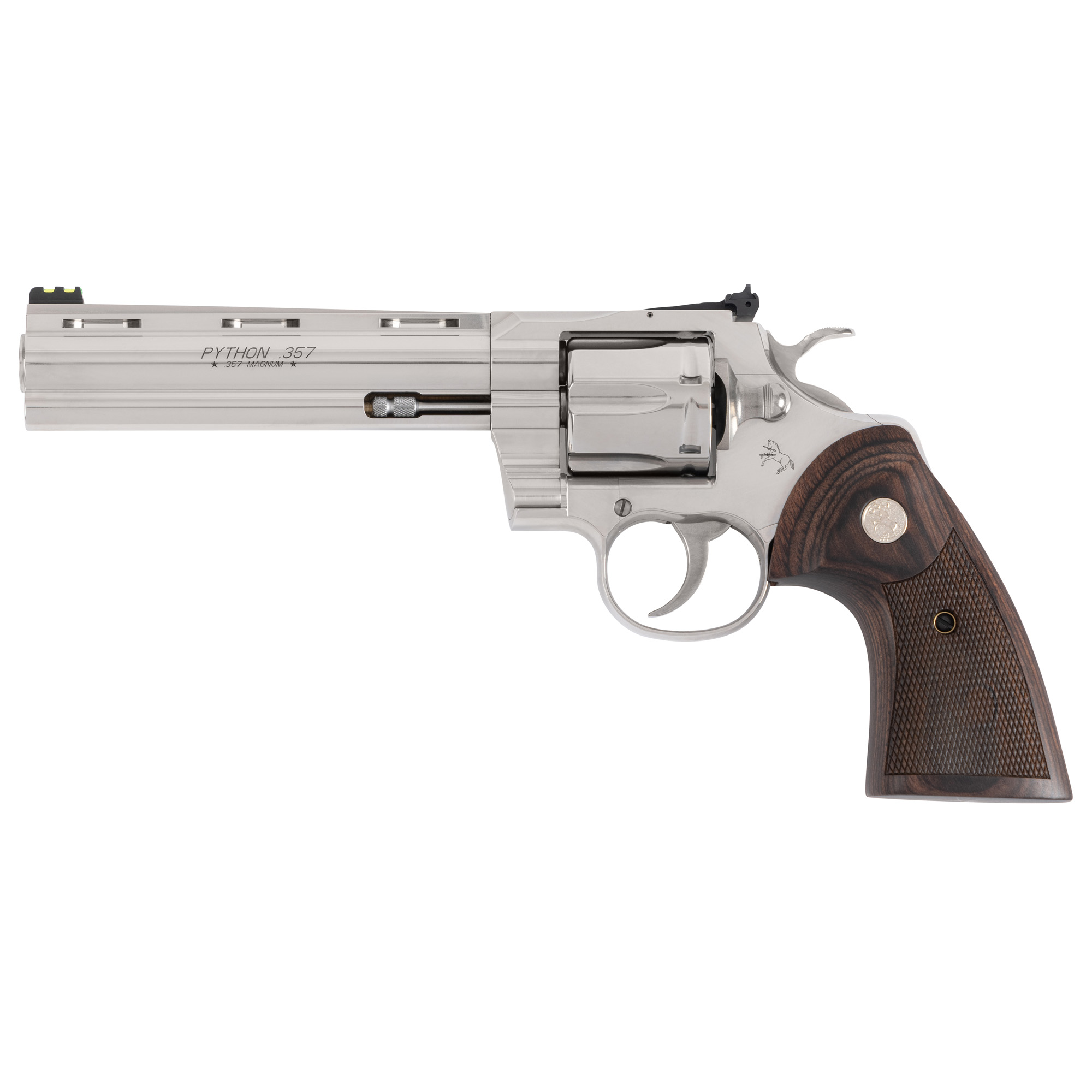 Colt Python Target Revolver 357 Magnum 6" Barrel Stainless Steel Finish Walnut Medallion Grip Adjustable Rear Sight Green Fiber Optic Front Sight 6 Rounds