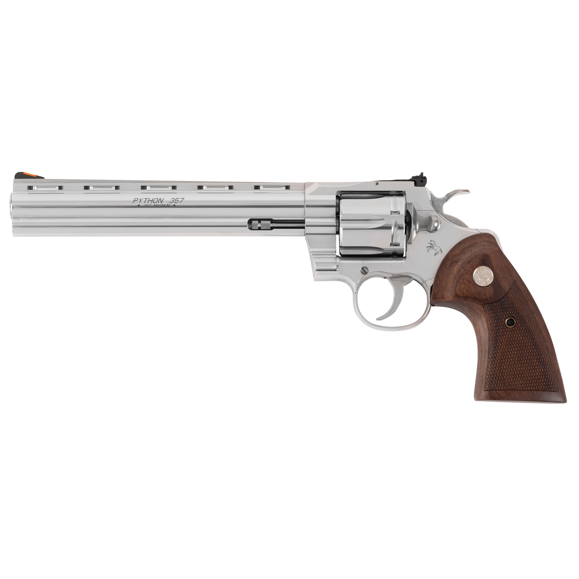 Colt Python Double/Single Action Steel Frame Revolver 357 Magnum/38 Special 8" Barrel Stainless Steel Silver Walnut Grips Blade Front/Adjustable Rear Sights 6 Rounds